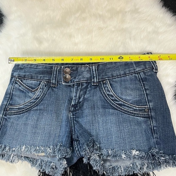 Vintage X2 Shorts Y2K Low Rise Micro Mini Leopard Patch Fringe Denim Pink Trim - Picture 4 of 7